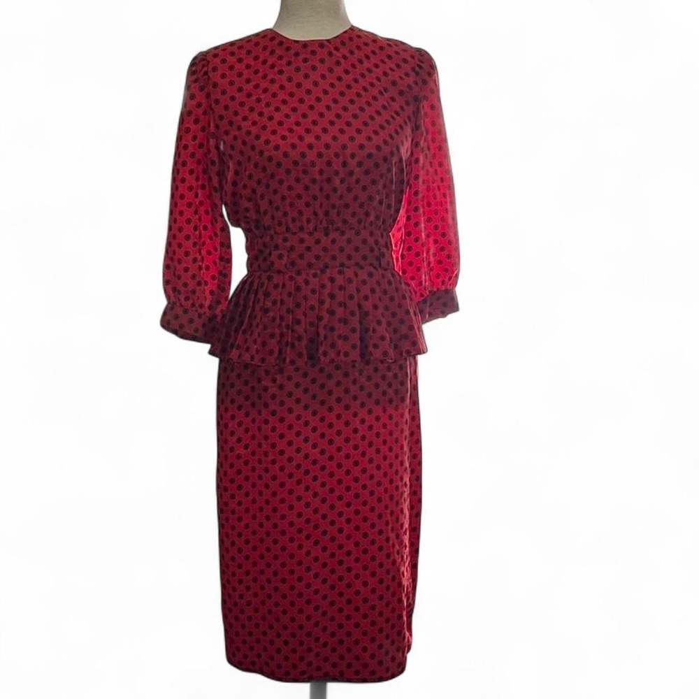 Petites For Maggy Red and Black Polka Dot peplum Dress